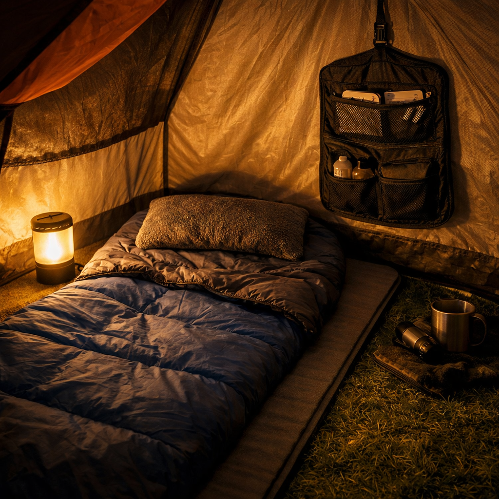 Camping sleep comfort essentials — sleeping bag, sleeping pad, pillow, and lantern inside a tent at night