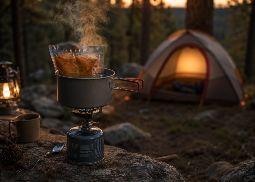 ready to eat camping food soup packets warming on camp stove with mug steam forest campsite evening