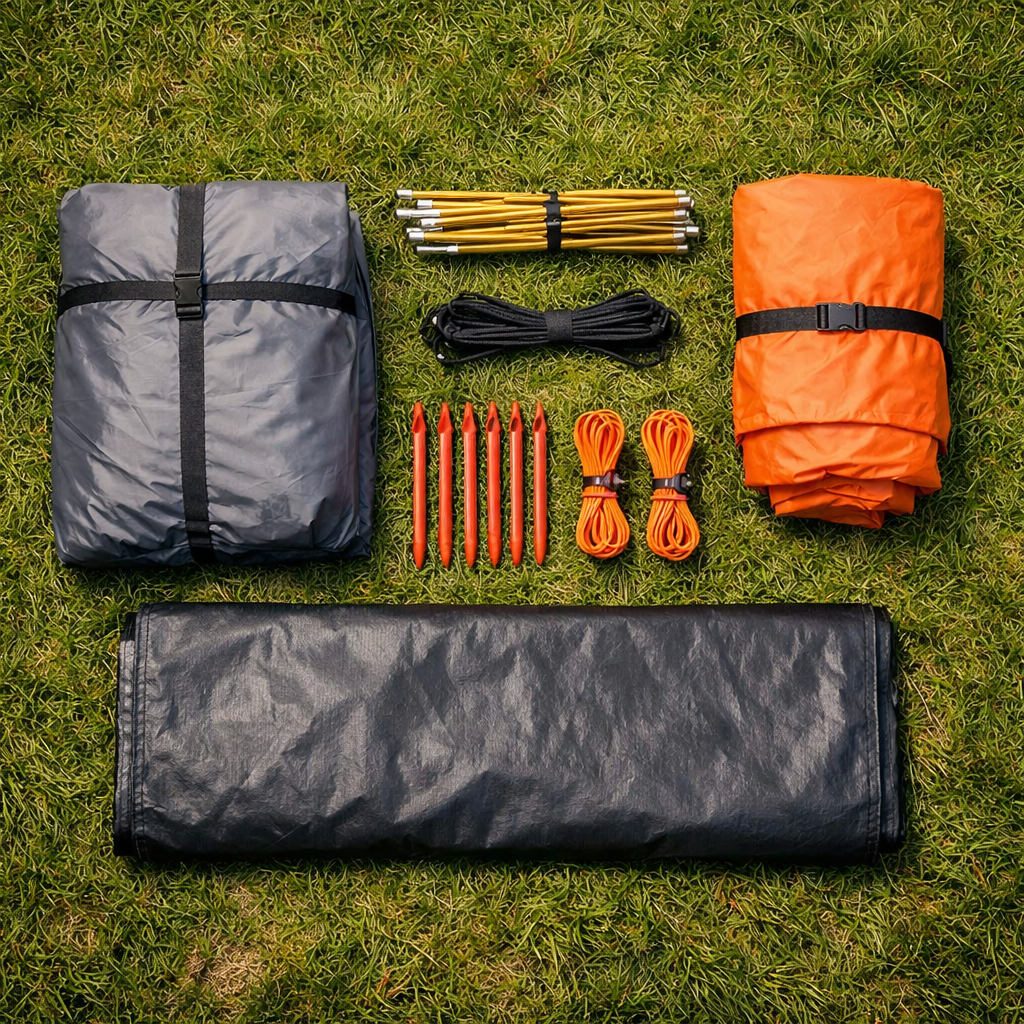 Camping tent accessories - tent body, poles, rainfly, stakes, and guy lines