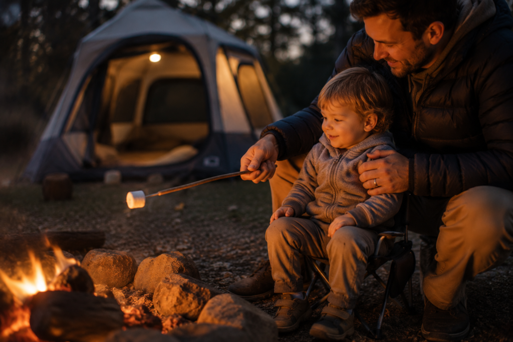 camping with toddlers campfire safety toddler sitting safely at distance from campfire parent hand on shoulder supervising