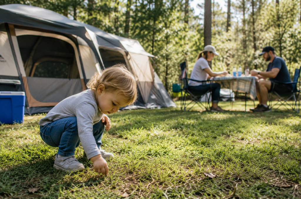 camping with toddlers family-friendly campsite toddler playing safely in open grassy area near tent parents watching