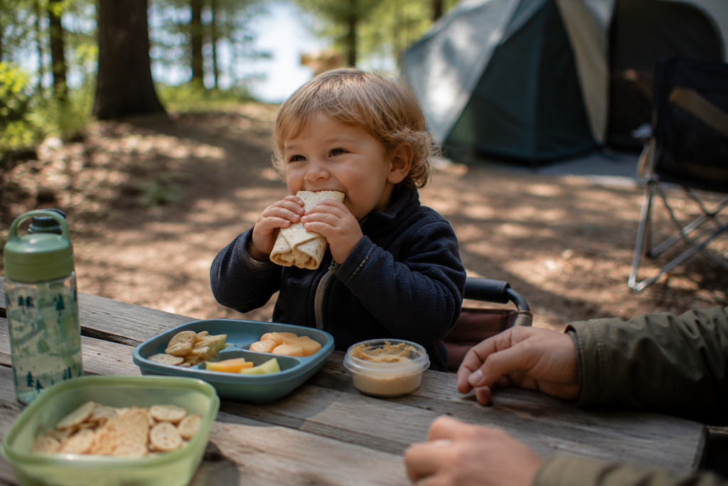 camping with toddlers simple camping food toddler eating sandwich wrap at camp table outdoor meal familiar food
