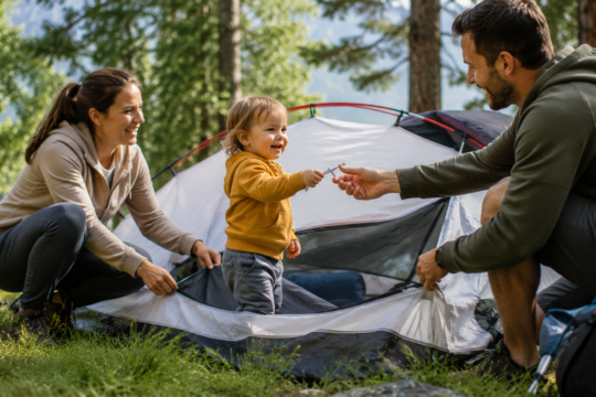 camping with toddlers family pitching tent toddler aged 2-3 handing tent peg to parent outdoor campsite sunny day