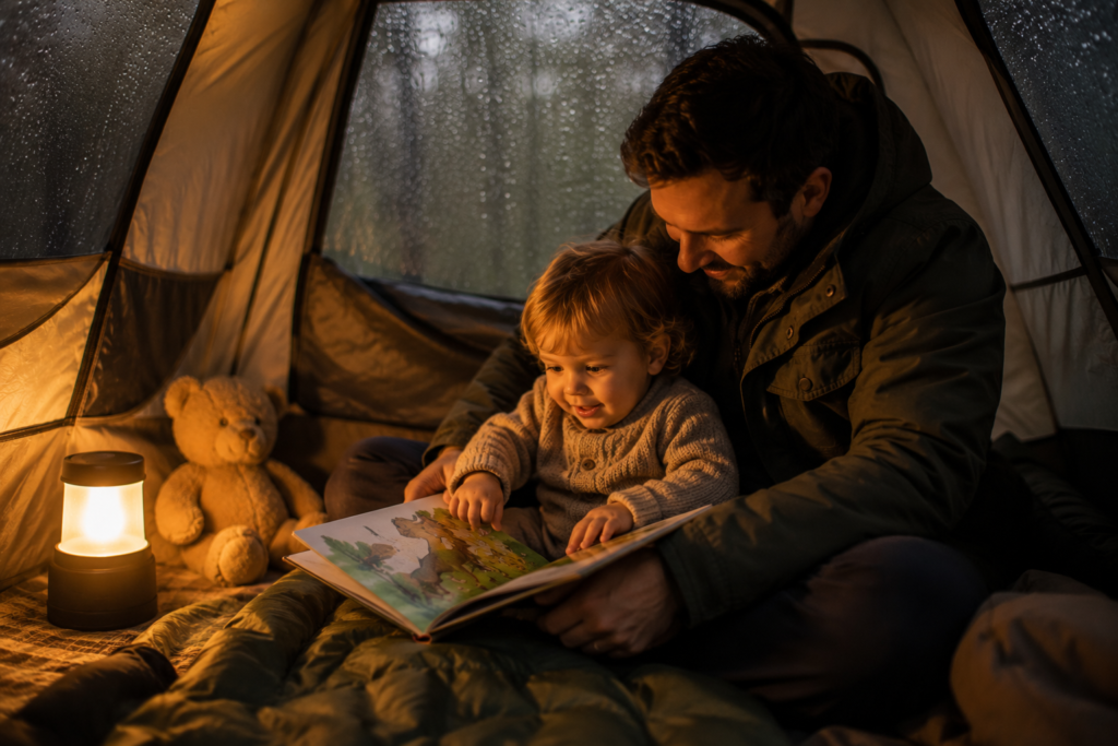 camping with toddlers rainy day toddler playing inside tent with parent card game or toy cosy lantern wet weather