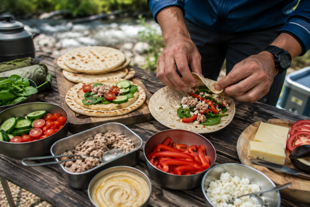 ready to eat camping food flatbreads wraps and tortillas with fillings tuna hummus vegetables assembled campsite picnic