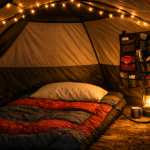 Comfortable tent interior setup — cosy camping tent with string lights, sleeping bag, pillow, lantern and organised gear inside