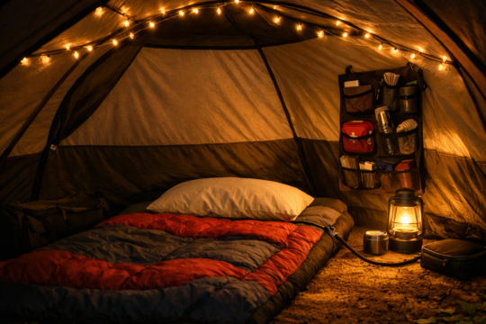 Comfortable tent interior setup — cosy camping tent with string lights, sleeping bag, pillow, lantern and organised gear inside