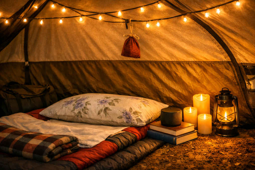 Comfortable tent interior flooring system — interlocking foam tiles, self-inflating sleeping pad, camp rug and tent footprint layered for maximum warmth and cushioning