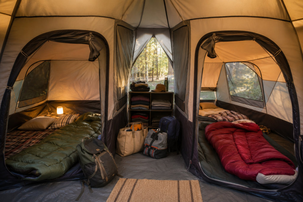 camping with toddlers spacious family tent interior toddler in sleeping area with soft toys organised gear