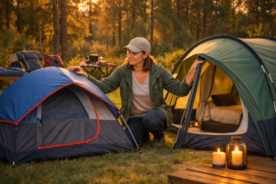 how to choose the right tent — camper comparing dome and backpacking tent at campsite