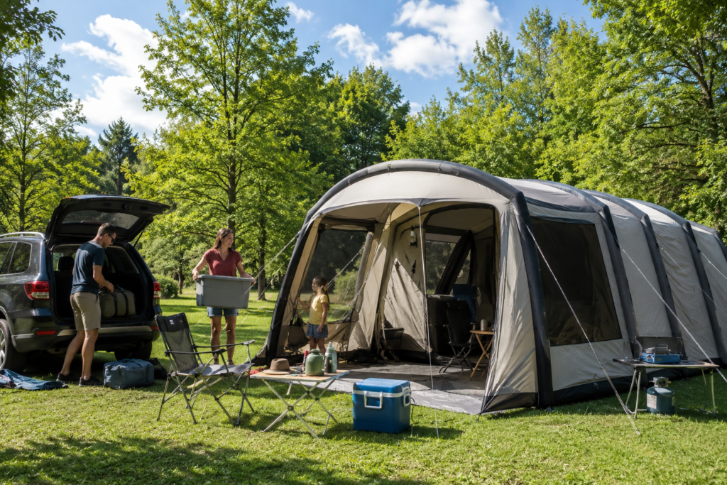 inflatable camping tent being pumped up at campsite — quick setup family tent
