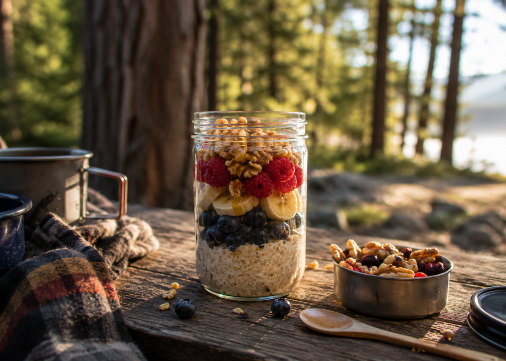 ready to eat camping food overnight oats in jar with berries nuts and honey no cook camping breakfast