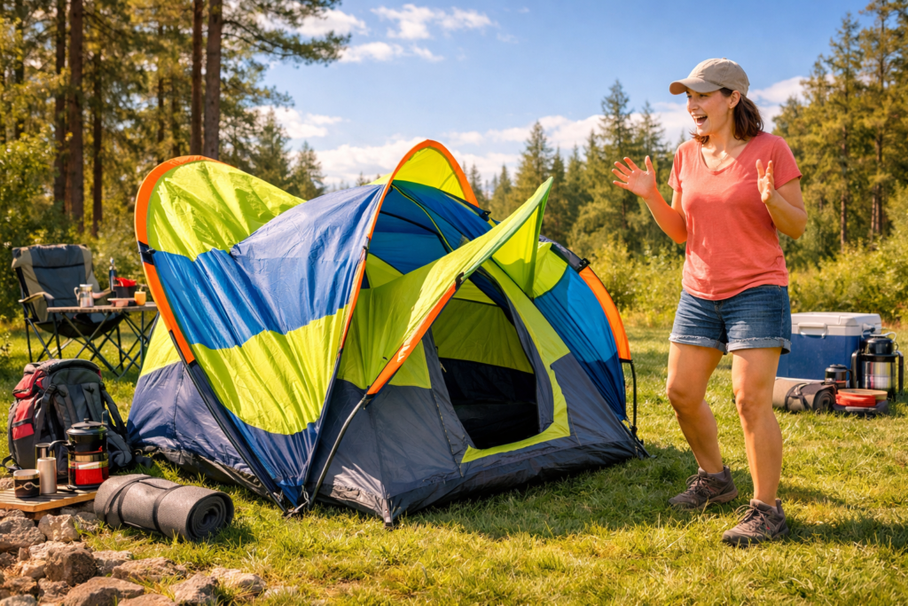 pop-up tent setup at campsite — best easy setup tent for beginner campers