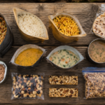 ready to eat camping food flat lay dehydrated meals rice pouches soup packets wraps canned food camping table