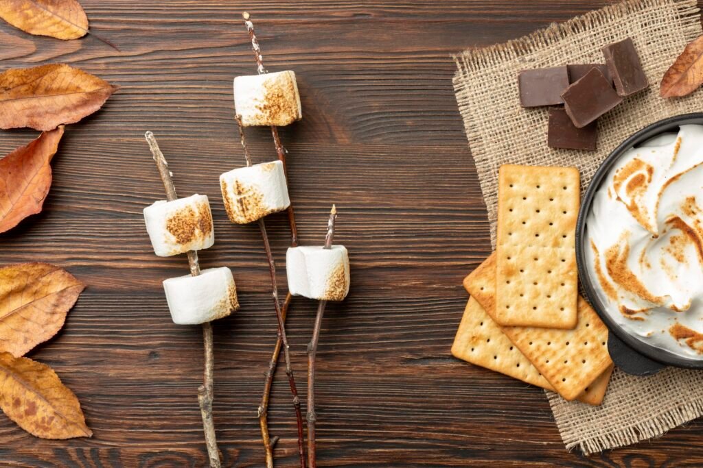 Tasty Dessert like marshmallows, chocolates, crackers etc