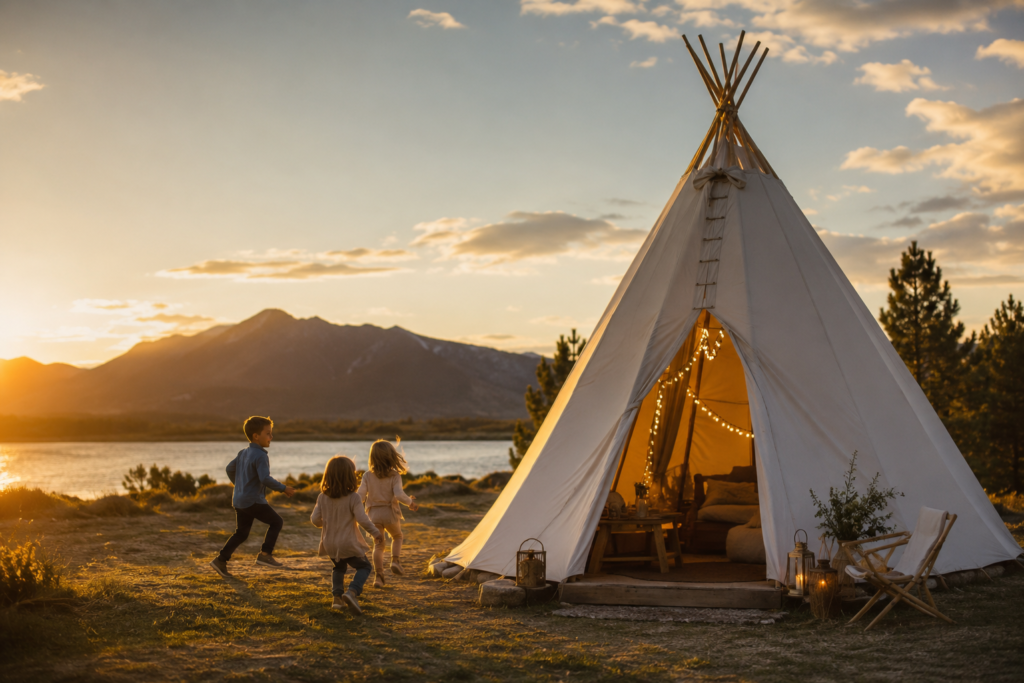 teepee tent glamping setup at campsite — spacious tipi tent for families
