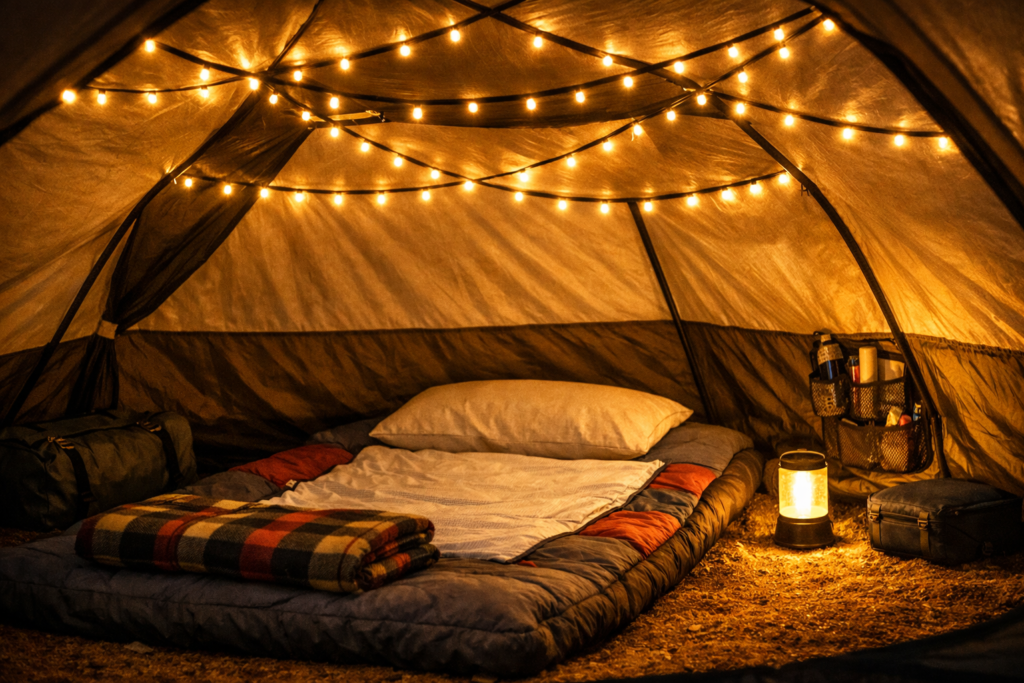 Cozy tent interior lighting — warm white battery string lights draped along tent ceiling with camping lantern glowing on tent floor