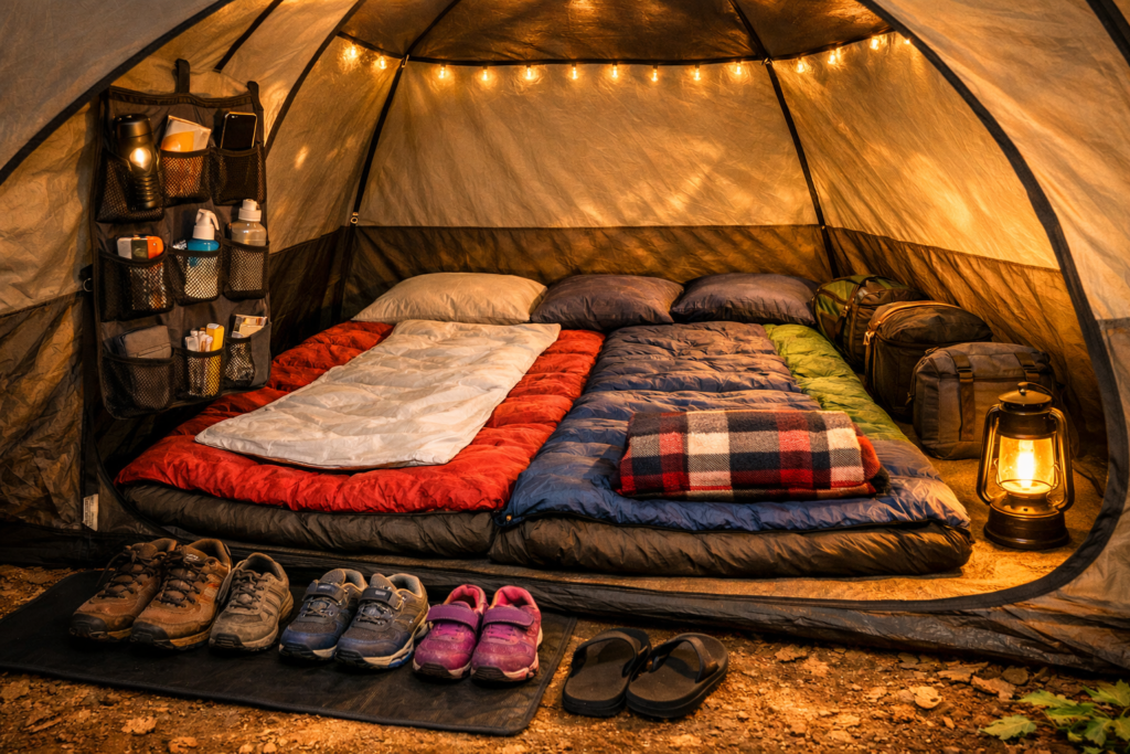 Tent organization system — tent organizer on the wall with camping essentials, mudroom tarp at entrance, and sleeping zone clearly defined