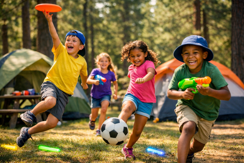 Kids playing active outdoor camping games with frisbee and ball at family campsite in forest