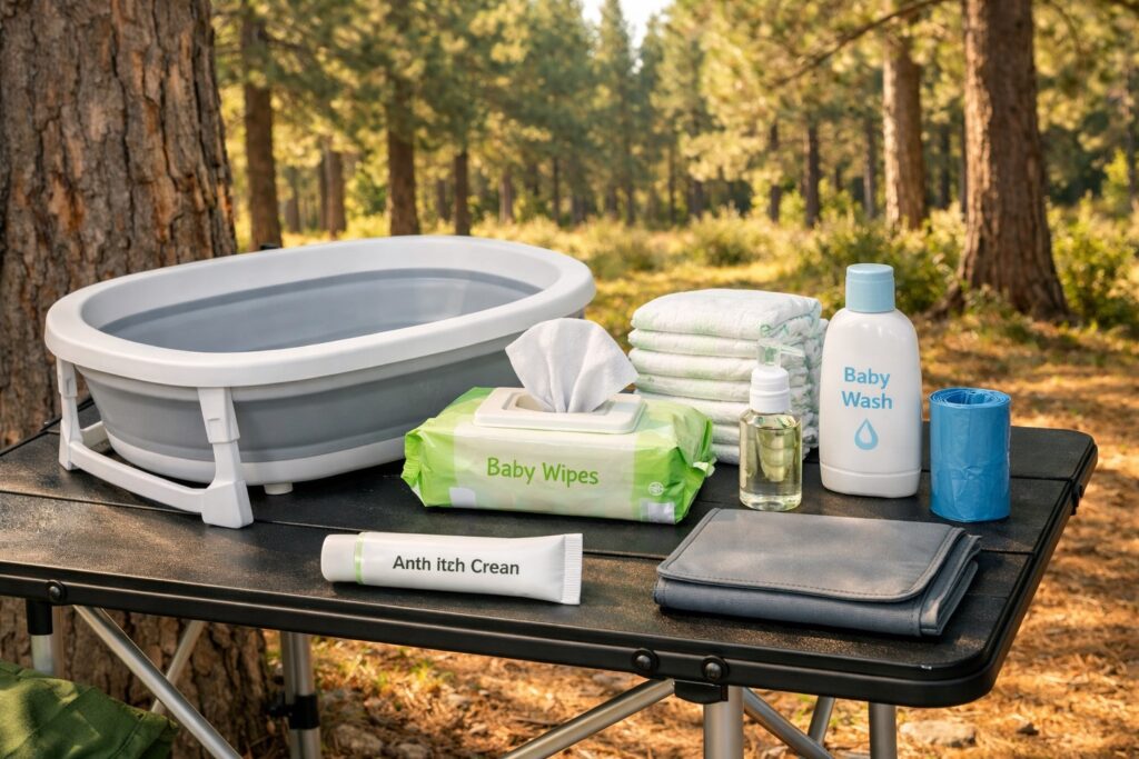 Baby hygiene camping essentials comprising a portable baby tub, nappies, biodegradable wipes, alcohol-free hand sanitizer, and baby wash 