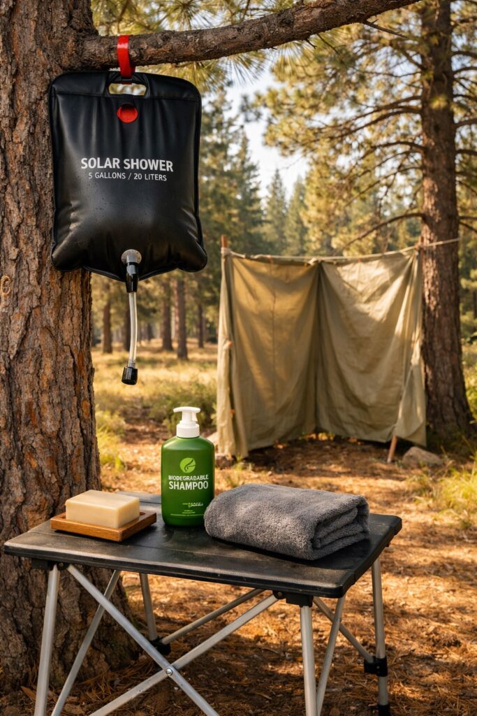 Biodegradable camping soap and solar shower bag hanging from a tree branch at an outdoor campsite setup