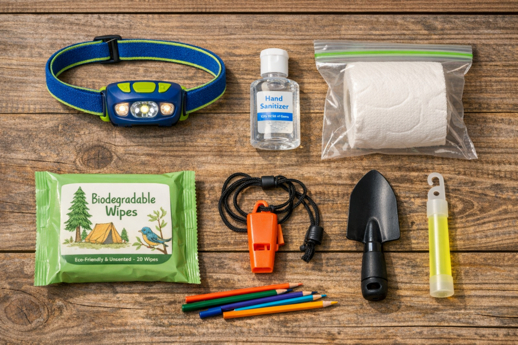 Portable camping bathroom kit for kids with flashlight sanitizer toilet paper and emergency whistle