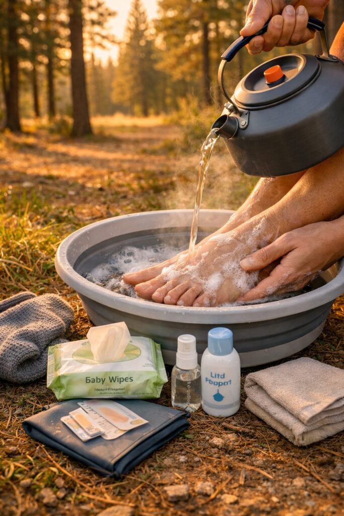 Camping foot care — feet being washed with biodegradable soap in a small basin at a campsite