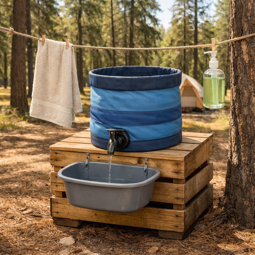 DIY camping hand washing station — collapsible water container with spigot, biodegradable soap, and hand towel hanging on rope at campsite