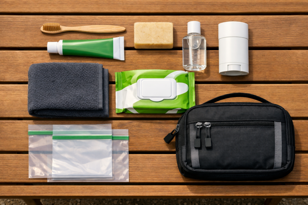 Ultimate camping hygiene kit - toothbrush, biodegradable soap, hand sanitizer, microfiber towel, deodorant, and wipes