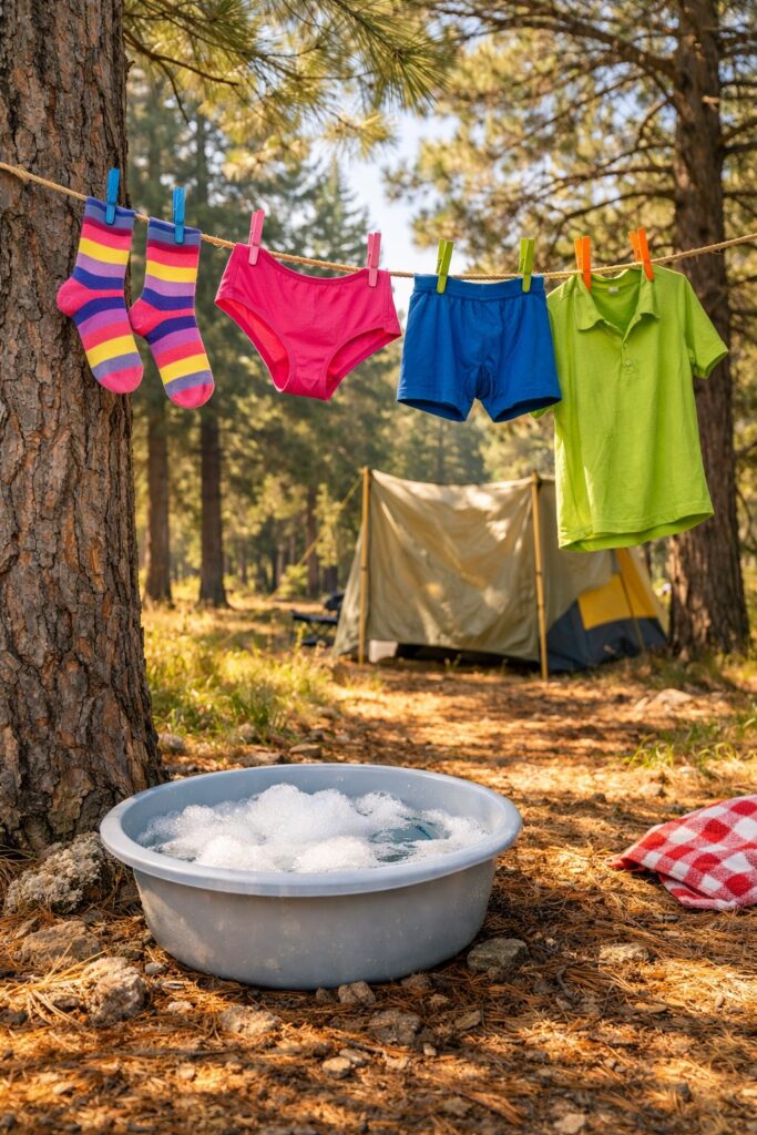 Camping laundry hack — clothes hanging to dry on a rope tied between two pine trees at a campsite