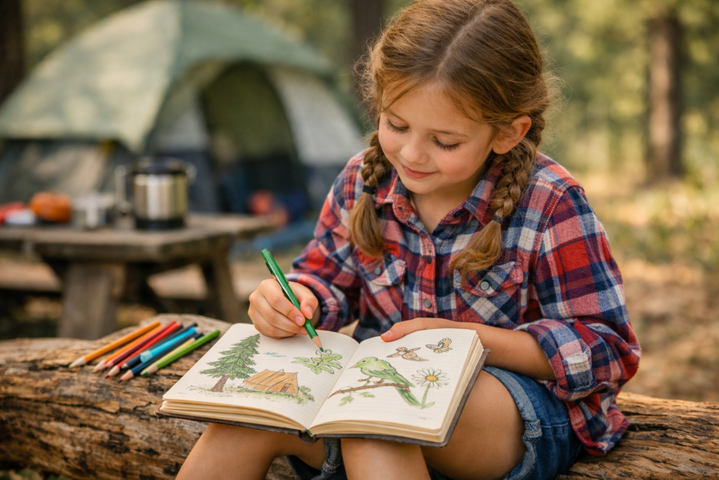 Child writing and drawing in nature journal while camping with colored pencils documenting outdoor adventure