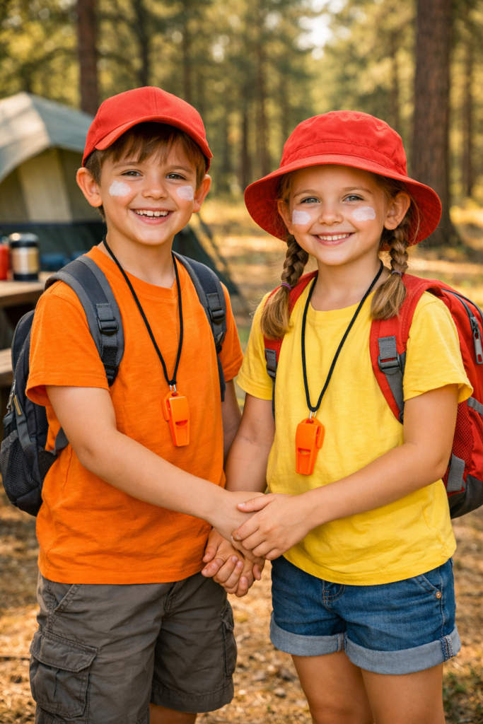 Children wearing bright colored clothing with emergency whistles and safety gear for camping visibility and protection