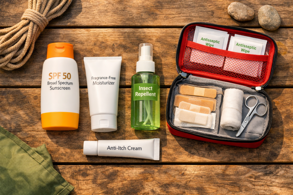 Camping skincare and first aid essentials — sunscreen, insect repellent, fragrance-free moisturiser, and first aid kit
