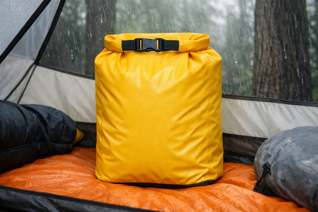 wet weather camping sleeping bag stored in waterproof dry bag inside tent to stay dry in rain camping