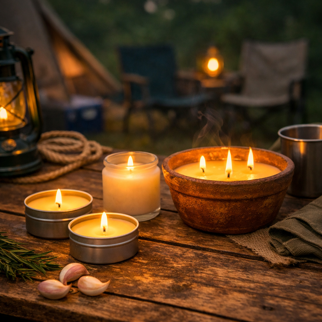 citronella candles keeping mosquitoes away at camping table — natural bug repellent outdoors
