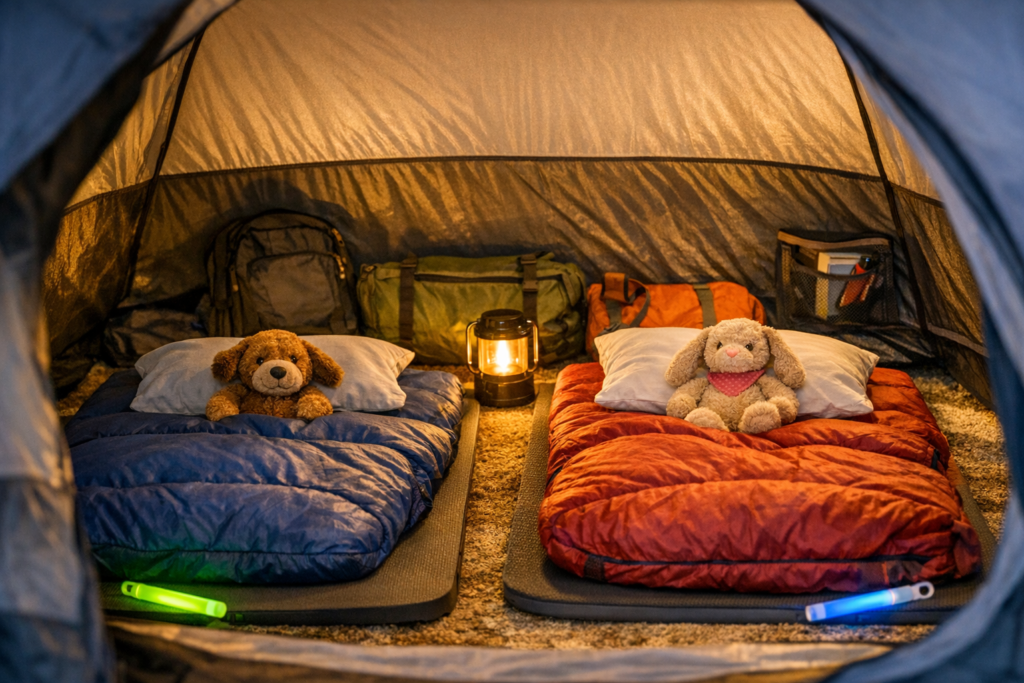 Comfortable camping tent interior with thick sleeping pads cozy sleeping bags and nightlight for kids