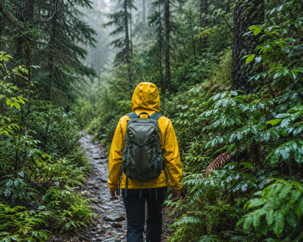 wet weather camping hiker in yellow raincoat walking forest trail in rain fresh green landscape peaceful