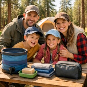 Family camping hygiene tips — parents and kids smiling at a campsite with organised hygiene supplies on a sunny day