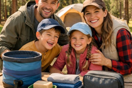 Family camping hygiene tips — parents and kids smiling at a campsite with organised hygiene supplies on a sunny day