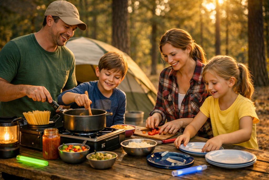 Parents and children cooking simple camping meals together at campsite with portable stove