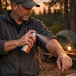 keeping mosquitoes away while camping — camper applying DEET repellent at sunset campsite