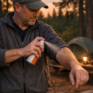 keeping mosquitoes away while camping — camper applying DEET repellent at sunset campsite