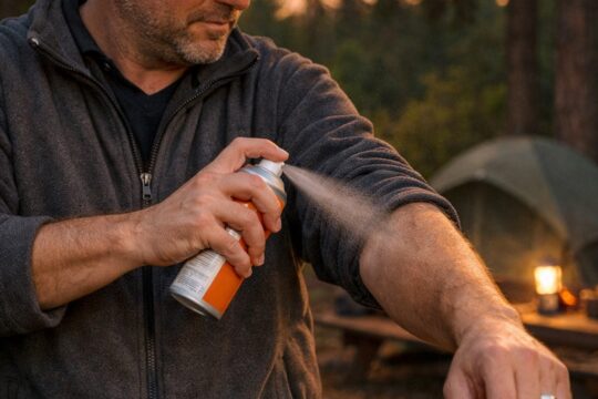 keeping mosquitoes away while camping — camper applying DEET repellent at sunset campsite