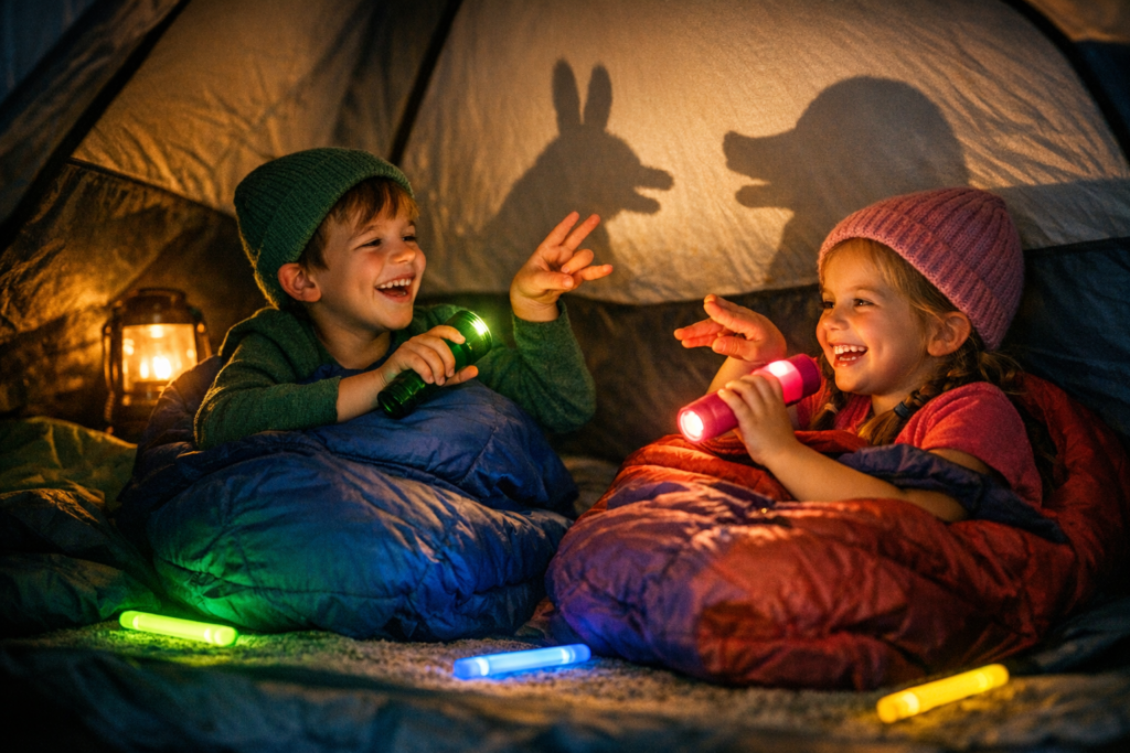 Children using colorful flashlights and glow sticks inside camping tent at night to overcome fear of dark