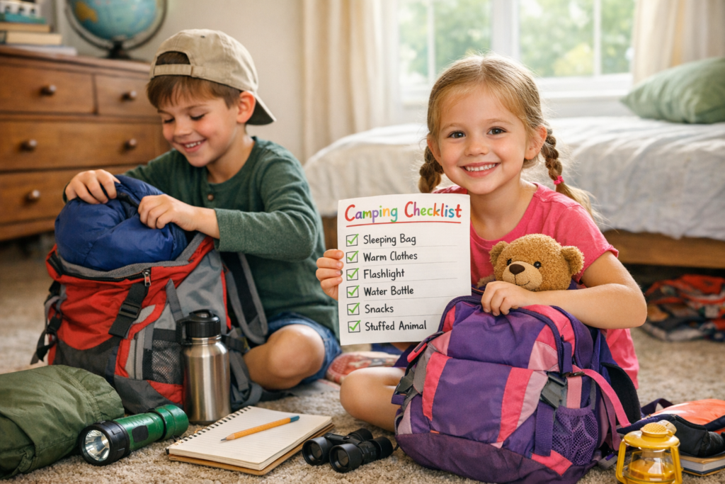 Children packing camping backpacks and gear using checklist for family camping trip preparation