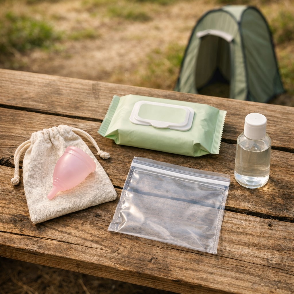 Camping menstrual hygiene kit — menstrual cup in cotton pouch, biodegradable wipes, waterproof bag, and unscented soap on camp table