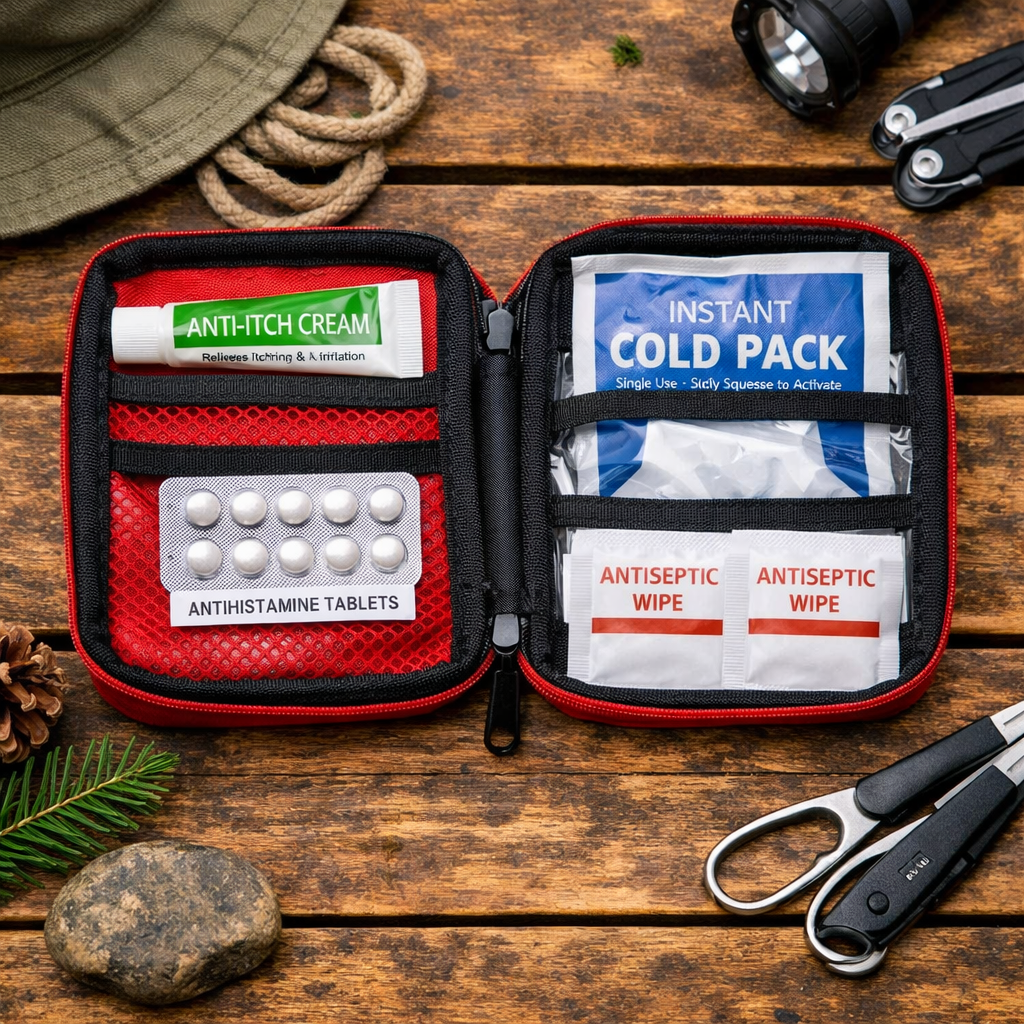 mosquito bite first aid camping — anti-itch cream cold compress and bite relief kit