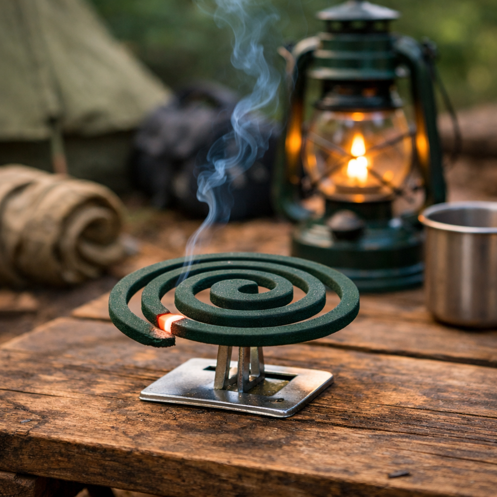 Mosquito coils burning at campsite — effective insect repellent for outdoor camping