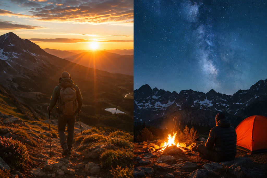 mountain camping for beginners activities hiking stargazing campfire at high altitude mountain meadow night sky