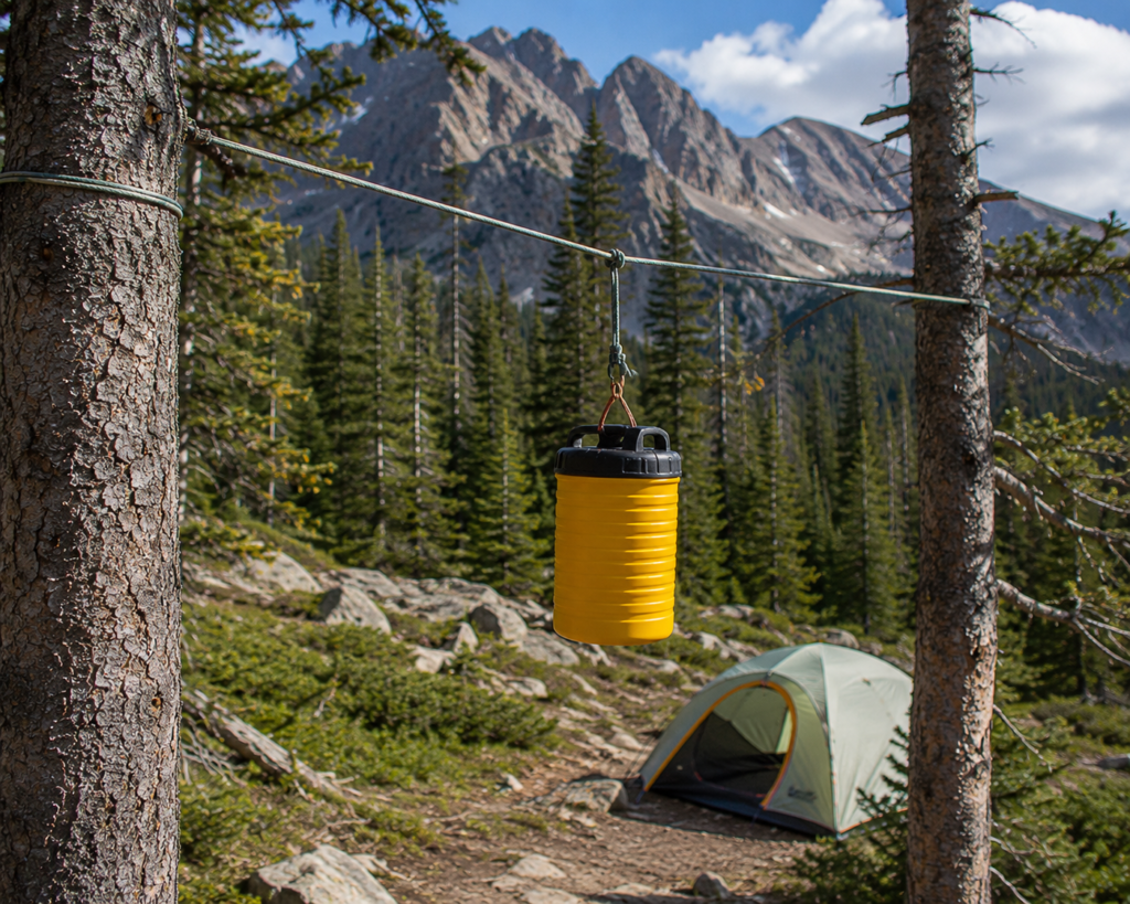 mountain camping beginners bear canister food storage bear proof container hung from tree high altitude campsite